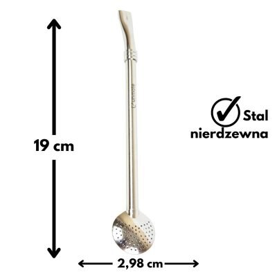 Na obrazie widoczna jest metalowa bombilla o długości 19 cm i średnicy 2,98 cm. Obok znajduje się napis \'Stal nierdzewna\' oraz logo producenta w formie okręgu z haczykiem.
