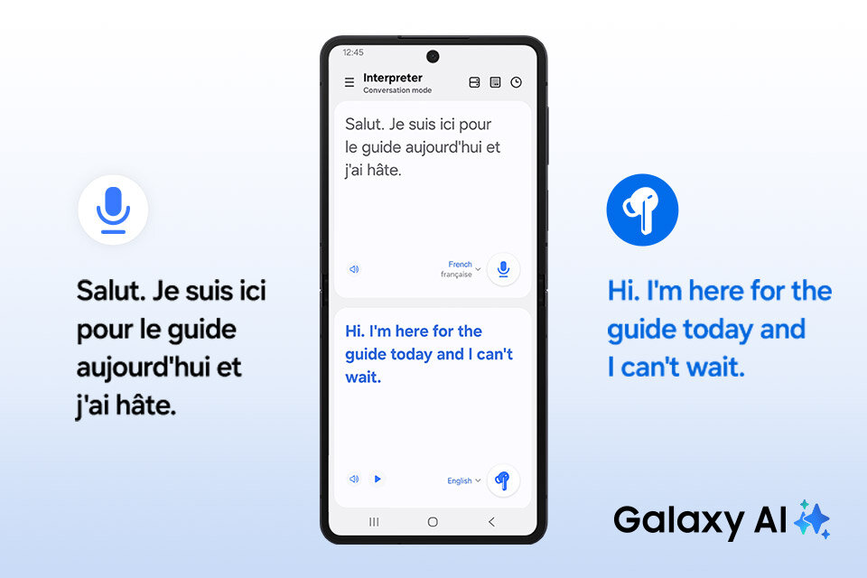 Ikona Galaxy AI obok Samsunga Galaxy S25 z otwartym Tłumaczem, pokazująca francuski tekst źródłowy. Pod francuskim tekstem źródłowym znajduje się tłumaczenie w języku angielskim. Angielskie tłumaczenie to „Cześć. Jestem tu dzisiaj z przewodnikiem i nie mogę się doczekać tekstu pisanego”. Obraz przedstawia smartfon z aplikacją tłumaczącą tekst z języka francuskiego na angielski. Obok widoczne są ikony mikrofonu i słuchawek oraz teksty: \'Salut. Je suis ici pour le guide aujourd\'hui et j\'ai hâte.\' oraz \'Hi. I\'m here for the guide today and I can\'t wait.\'