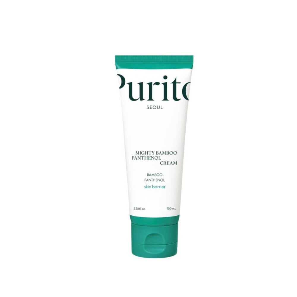 Biało-zielona tubka z napisem \'Purito Seoul Mighty Bamboo Panthenol Cream\'. Pojemność 100 ml, widoczny tekst \'Bamboo Panthenol skin barrier\'.