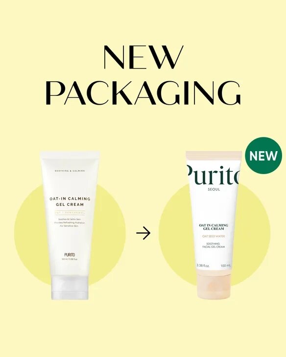 Obraz przedstawia dwa opakowania produktu \'Oat-in Calming Gel Cream\' marki Purito z napisem \'NEW PACKAGING\'. Po lewej stronie znajduje się starsze opakowanie, a po prawej nowe z oznaczeniem \'NEW\'.