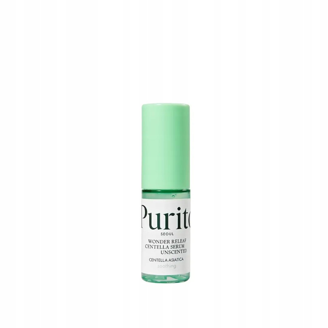 Butelka z zieloną nakrętką i etykietą z napisem: \'Purito Seoul Wonder Releaf Centella Serum Unscented Centella Asiatica Soothing\'.