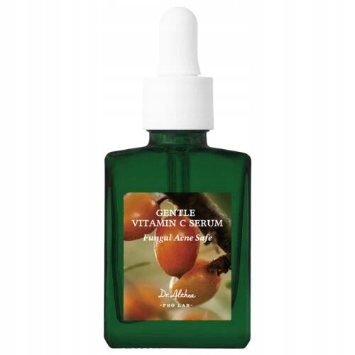 Zielona butelka z białą pipetą, na etykiecie napis \'GENTLE VITAMIN C SERUM Fungal Acne Safe Dr.Althea PRO LAB\'.