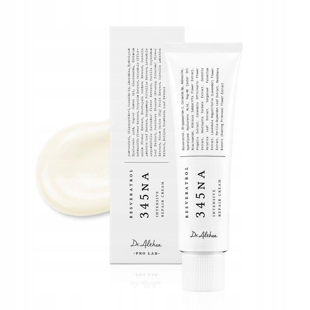Na obrazie widoczna jest tubka kremu z napisem \'345NA RESVERATROL INTENSIVE REPAIR CREAM\' oraz opakowanie z podobnym nadrukiem. Obok znajduje się próbka kremu w kolorze jasnym.