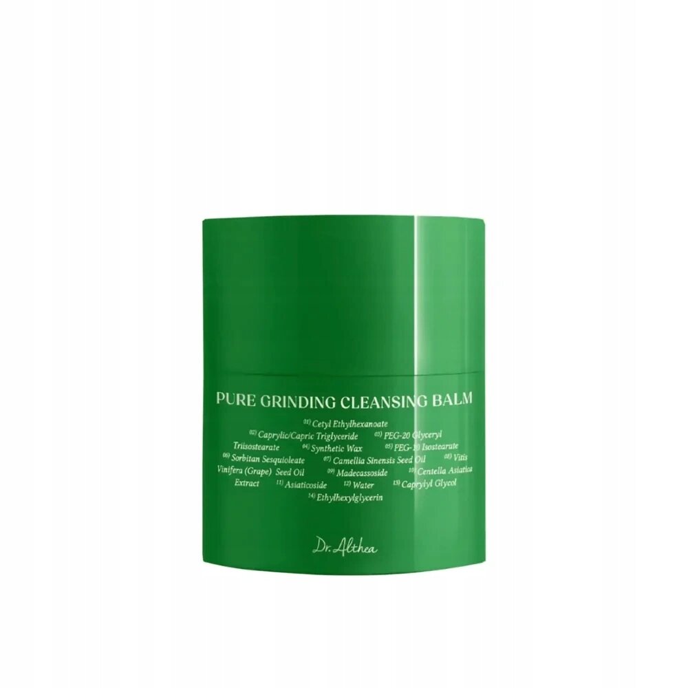 Zielony pojemnik z napisem \'PURE GRINDING CLEANSING BALM\' oraz listą składników. Na dole widnieje podpis \'Dr. Althea\'.