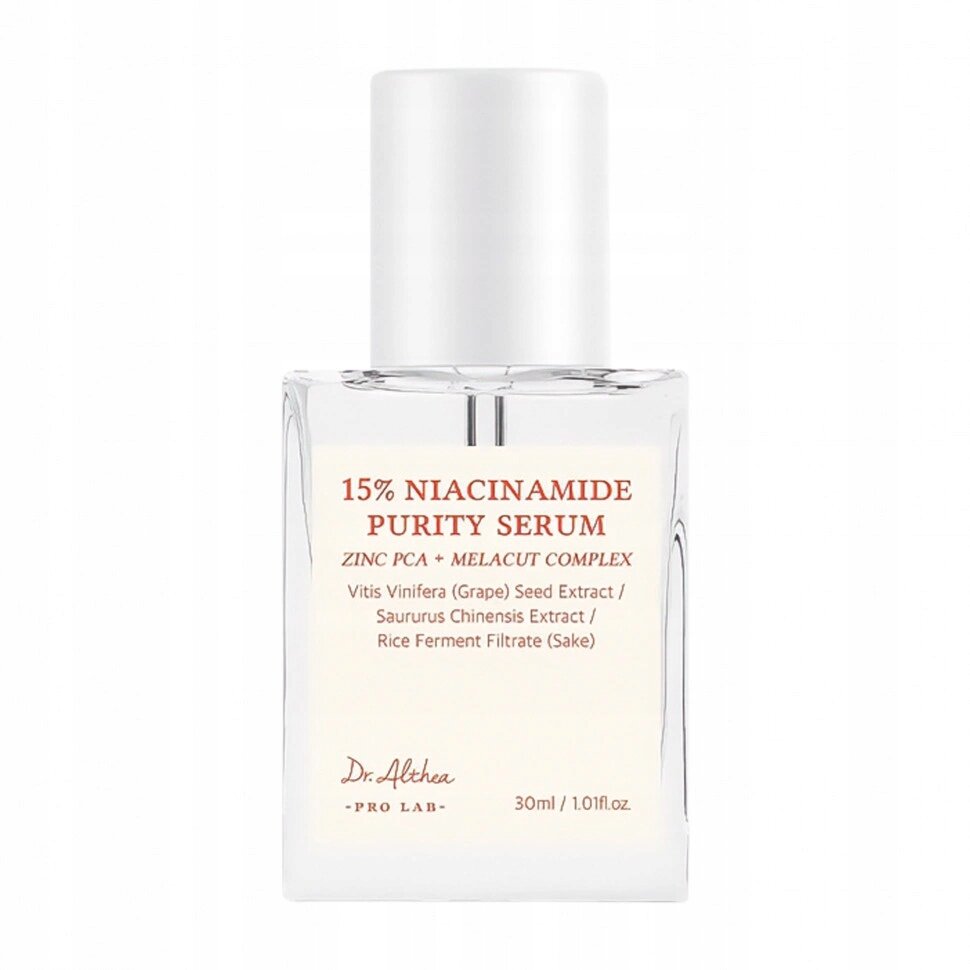 Butelka z napisem \'15% Niacinamide Purity Serum\' oraz dodatkowymi informacjami o składnikach, takimi jak Zinc PCA i Melacut Complex. Na dole widnieje napis \'Dr. Althea PRO LAB\' oraz pojemność 30ml / 1.01fl.oz.