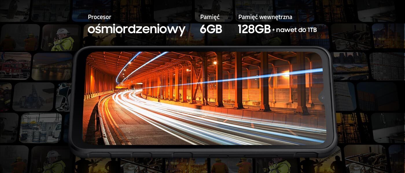 Obraz przedstawia smartfon z wyświetlaczem pokazującym dynamiczne światła w tunelu. Nad nim widnieją napisy: \'Procesor ośmiordzeniowy\', \'Pamięć 6GB\', \'Pamięć wewnętrzna 128GB + nawet do 1TB\'.