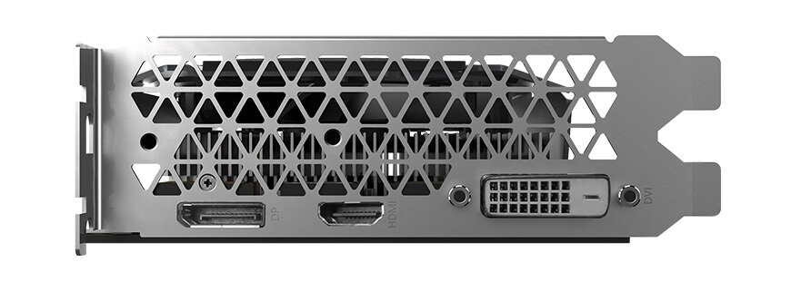 Obraz przedstawia tylny panel karty graficznej z metalową kratką wentylacyjną i trzema portami: DisplayPort, HDMI oraz DVI. Obok portów znajduje się mały okrągły przycisk z napisem \'ON\'.