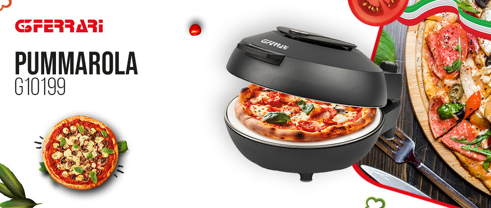 Na obrazie widoczny jest czarny piec do pizzy z otwartą pokrywą, w którym znajduje się pizza. Obok znajduje się tekst: \'G3FERRARI PUMMAROLA G10199\'.