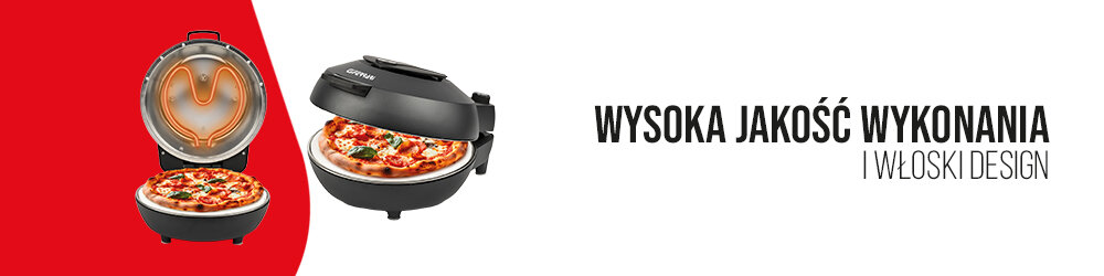 Obraz przedstawia czarny piec do pizzy z otwartą pokrywą, w której widać element grzewczy oraz pizzę w środku. Obok znajduje się tekst: \'WYSOKA JAKOŚĆ WYKONANIA I WŁOSKI DESIGN\'.