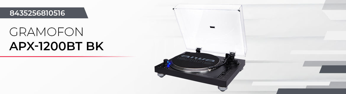 Obraz przedstawia gramofon z przezroczystą pokrywą, na której widnieje napis \'aiwa\'. Obok znajduje się tekst: \'8435256810516 GRAMOFON APX-1200BT BK\'.