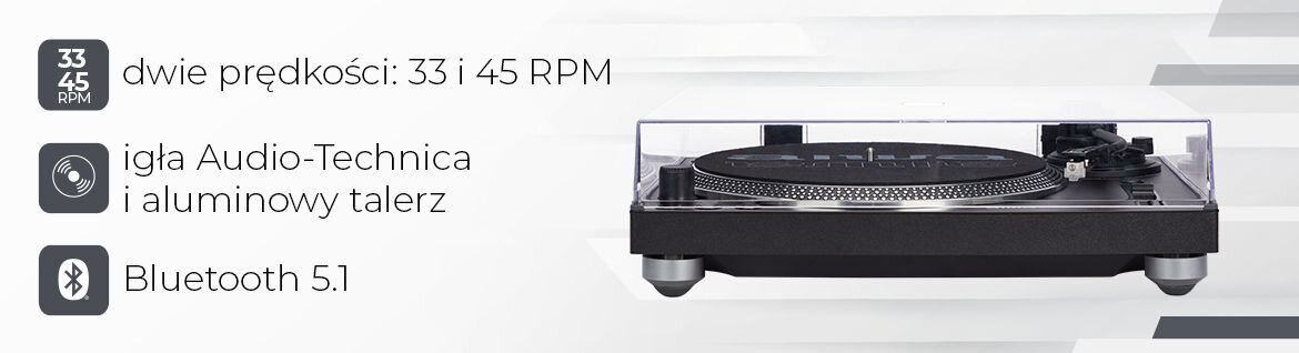 Obraz przedstawia gramofon z przezroczystą pokrywą oraz tekst: \'dwie prędkości: 33 i 45 RPM\', \'igła Audio-Technica i aluminiowy talerz\', \'Bluetooth 5.1\'.