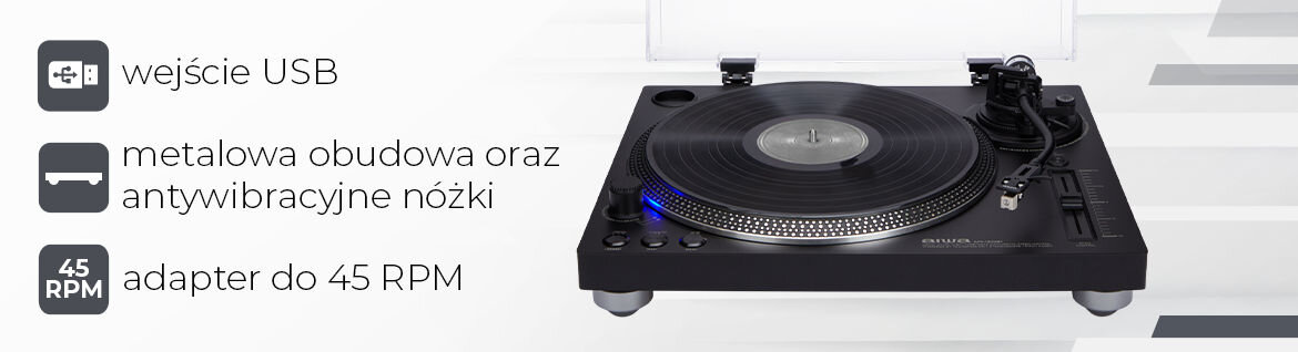 Obraz przedstawia czarny gramofon z przezroczystą pokrywą, obok którego znajdują się ikony z tekstem: \'wejście USB\', \'metalowa obudowa oraz antywibracyjne nóżki\', \'adapter do 45 RPM\'.