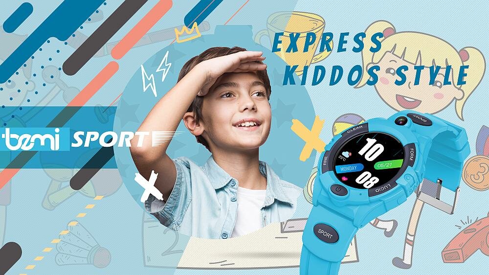 Obraz przedstawia chłopca w koszuli, który zasłania oczy dłonią, obok znajduje się niebieski smartwatch z wyświetlaczem pokazującym godzinę 10:08. Na obrazie widoczny jest tekst \'bemi SPORT\' oraz \'EXPRESS KIDDOS STYLE\'.