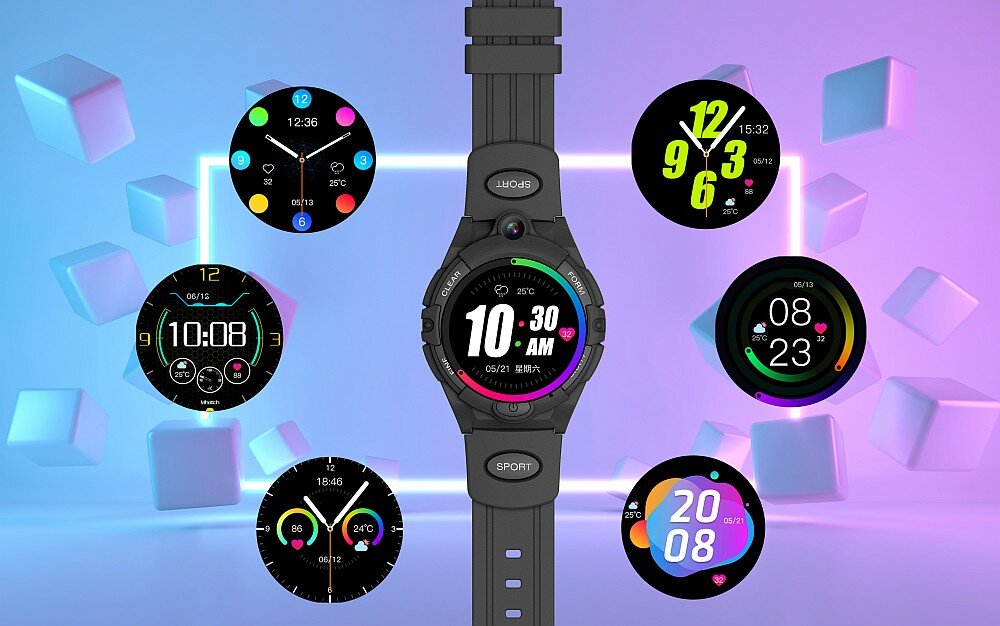 Na obrazie znajduje się smartwatch z różnymi tarczami zegarka wyświetlonymi wokół niego. Tarcze pokazują różne style i kolory, a na centralnym zegarku widoczny jest czas 10:30 AM oraz data 05/21.
