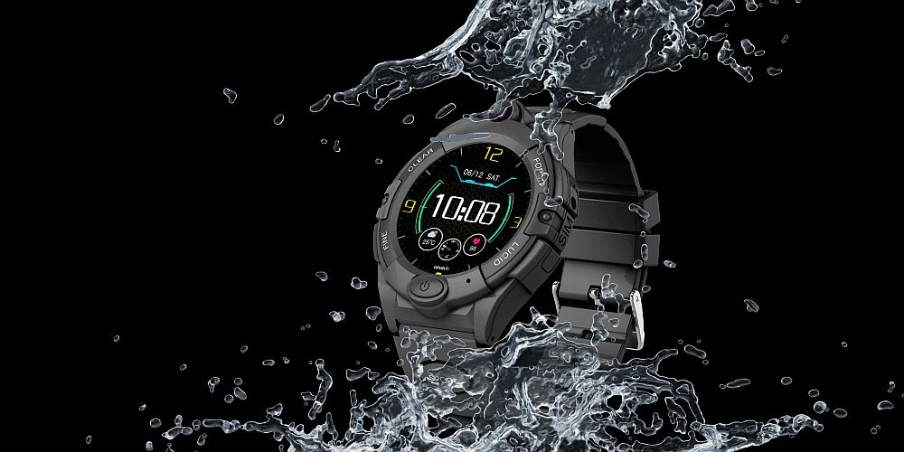Smartwatch z okrągłym wyświetlaczem pokazuje godzinę 10:08, otoczony jest rozpryskującą się wodą na czarnym tle.