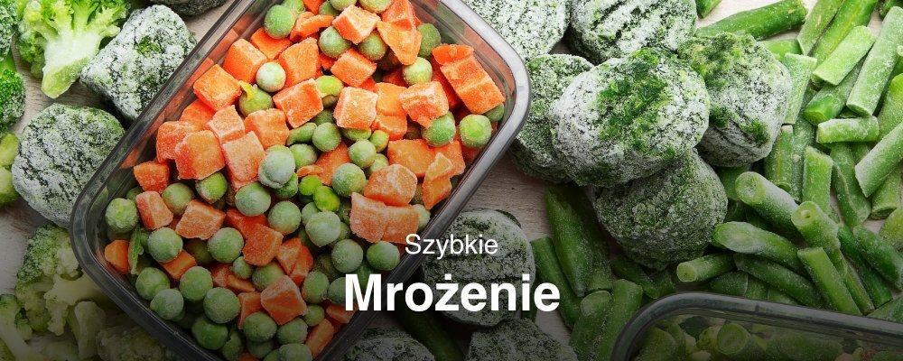 Na obrazie widoczne są zamrożone warzywa, takie jak marchewki, groszek i brokuły, w plastikowym pojemniku. Na środku znajduje się tekst: \'Szybkie Mrożenie\'.