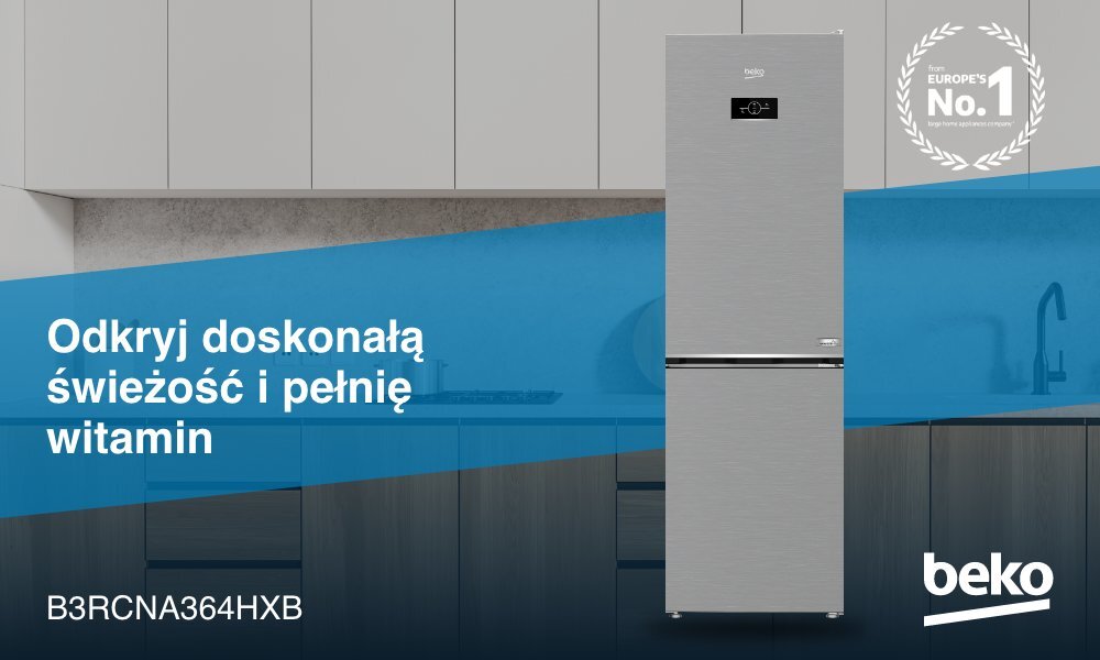 Na obrazie znajduje się lodówka w kolorze inox z wyświetlaczem na drzwiach, obok której widnieje napis \'Odkryj doskonałą świeżość i pełnię witamin\'. W prawym dolnym rogu znajduje się logo \'beko\', a poniżej tekst \'B3RCNA364HXB\'.