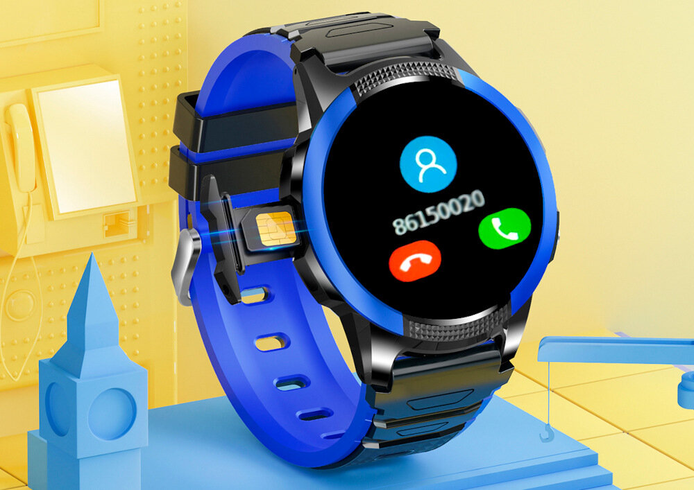 Smartwatch z niebieskim paskiem i czarną kopertą wyświetla ekran z numerem \'86150020\' oraz ikonami zielonej słuchawki i czerwonego telefonu. W tle widoczne są żółte i niebieskie elementy dekoracyjne.