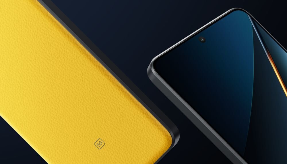 Obraz przedstawia fragmenty dwóch smartfonów, jeden z żółtym tyłem z widocznym symbolem \'5G\', drugi z czarnym ekranem z wąskimi ramkami.