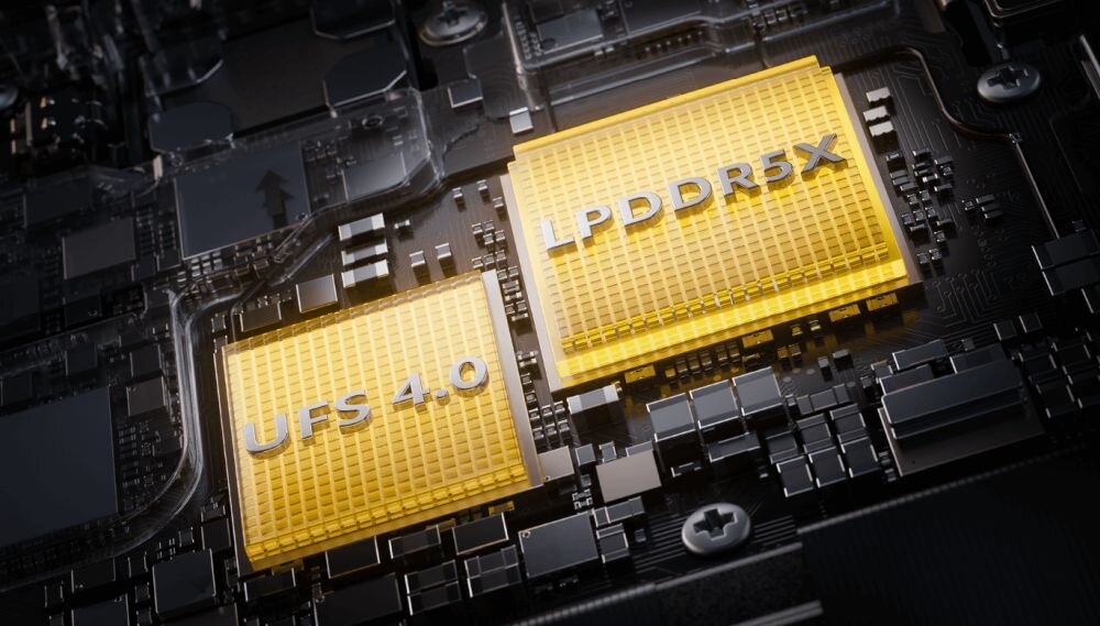 Obraz przedstawia dwa żółte prostokąty na tle układu elektronicznego z napisami \'UFS 4.0\' i \'LPDDR5X\'.