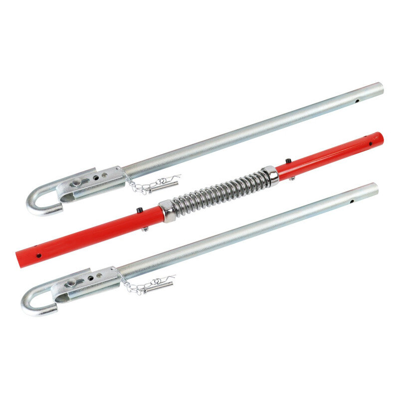 Na obrazie widoczny jest składany hol sztywny z metalowymi elementami i sprężyną amortyzującą. Produkt ma czerwone i srebrne części oraz metalowe zapięcia z zabezpieczeniami.