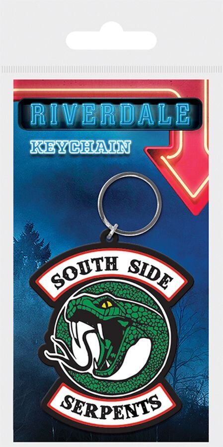 Opakowanie breloka z napisem \'RIVERDALE KEYCHAIN\' oraz grafiką węża z tekstem \'SOUTH SIDE SERPENTS\'.