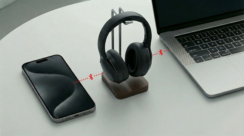 Na stole znajdują się czarne słuchawki nauszne na stojaku, obok nich leży smartfon oraz laptop. Słuchawki są połączone z urządzeniami za pomocą technologii Bluetooth, co symbolizują czerwone linie z ikoną Bluetooth.
