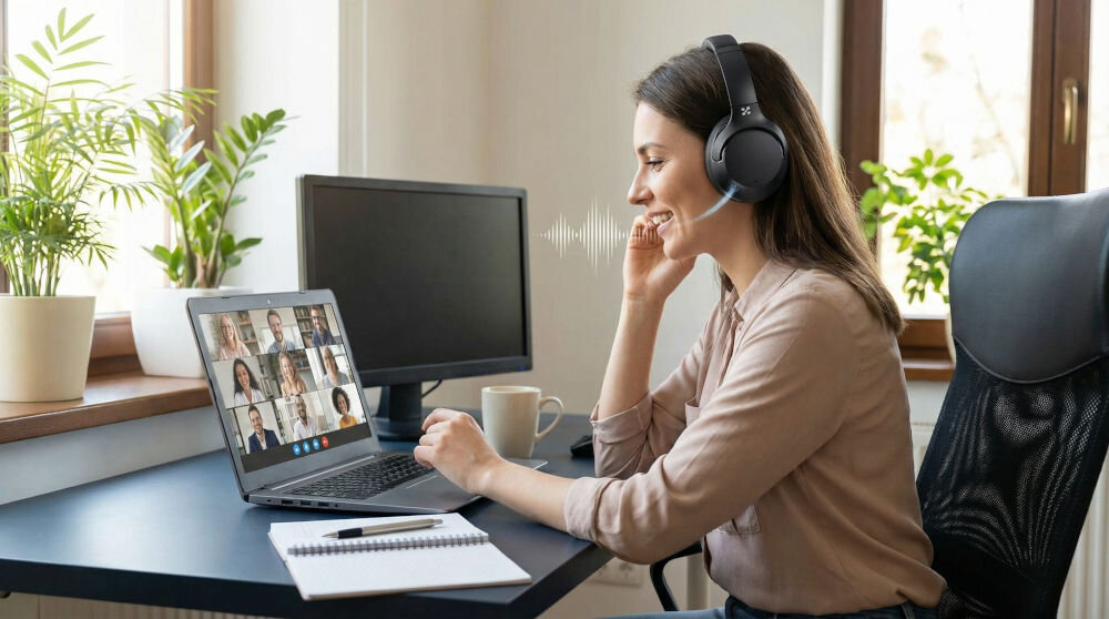 Osoba siedzi przy biurku, nosząc czarne słuchawki nauszne i uczestniczy w wideokonferencji na laptopie. Na biurku znajdują się również monitor, notatnik i kubek, a w tle widać rośliny doniczkowe.