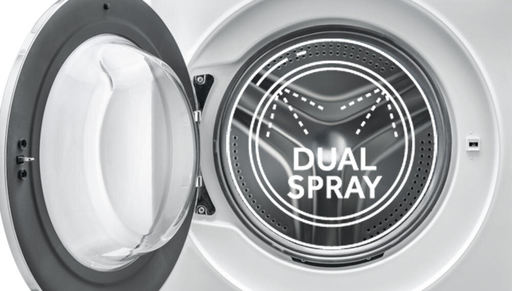 Otwarta pralka z widocznym bębnem, na którym znajduje się napis \'DUAL SPRAY\'.
