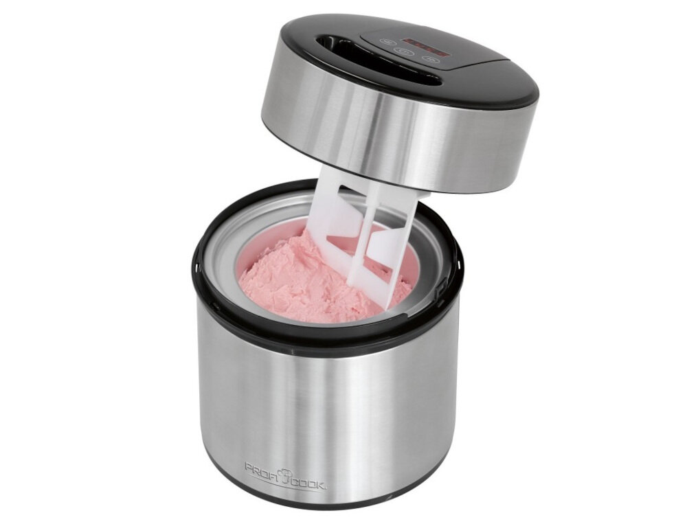 Maszynka do lodów ze stali nierdzewnej z otwartą pokrywą, w środku różowe lody. Na obudowie widoczne logo \'Profi Cook\'.