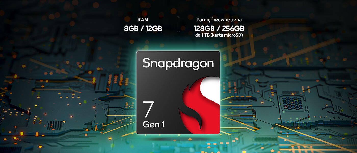 Obraz przedstawia układ scalony z napisem \'Snapdragon 7 Gen 1\' na tle schematu elektronicznego. Widoczny jest również tekst: \'RAM 8GB / 12GB Pamięć wewnętrzna 128GB / 256GB do 1TB (karta microSD)\'.