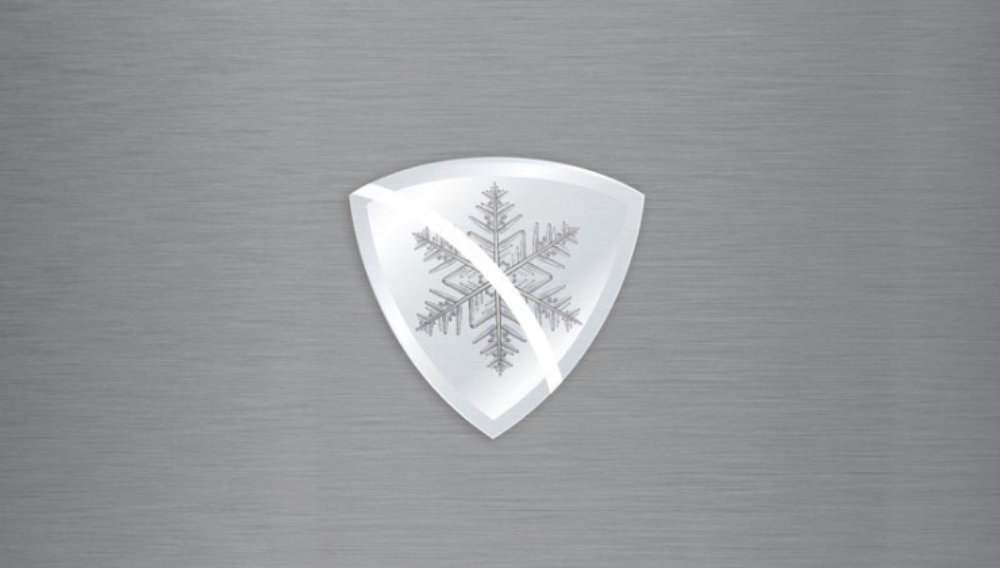 Na srebrnym tle znajduje się emblemat w kształcie tarczy z wizerunkiem płatka śniegu. Emblemat ma błyszczące wykończenie.