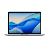 Laptop z wyświetlaczem pokazującym abstrakcyjną grafikę w odcieniach niebieskiego i żółtego. Obudowa jest w ciemnym kolorze.
