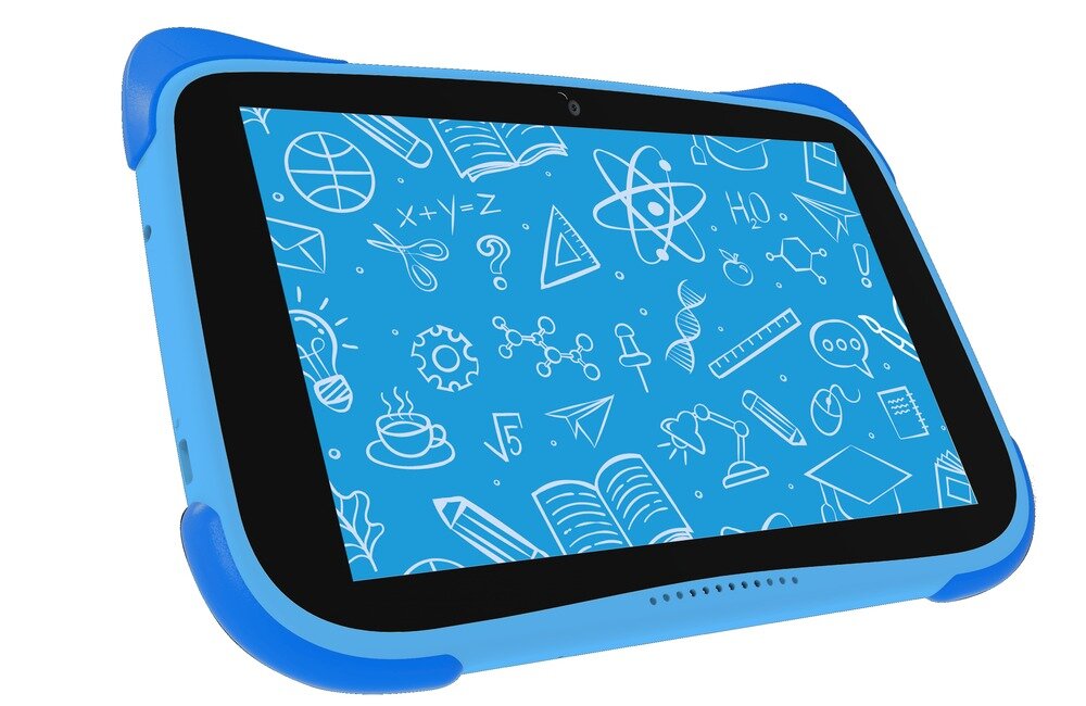 Niebieski tablet z wyświetlaczem, na którym widoczne są białe ikony związane z nauką, takie jak atom, książki i symbole matematyczne. Tablet ma gumowe narożniki ochronne.