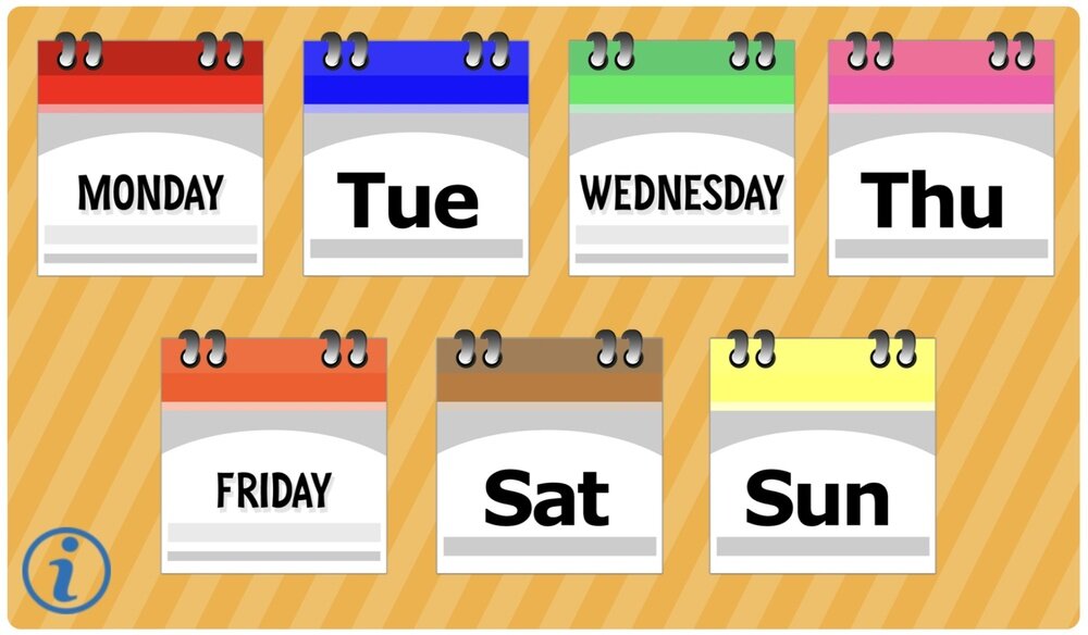 Obraz przedstawia siedem kart kalendarza z nazwami dni tygodnia: MONDAY, Tue, WEDNESDAY, Thu, FRIDAY, Sat, Sun, każda w innym kolorze tła. W lewym dolnym rogu znajduje się ikona z literą \'i\'.