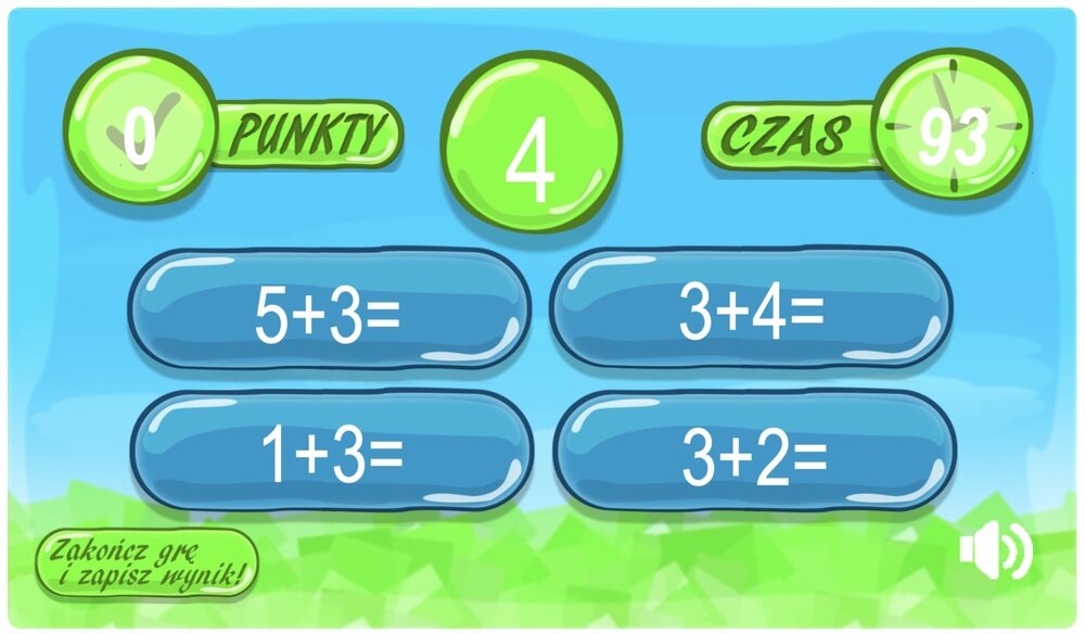 Ekran gry edukacyjnej z zadaniami matematycznymi: 5+3=, 1+3=, 3+4=, 3+2=. Widoczne są napisy: \'PUNKTY\', \'CZAS\', \'Zakończ grę i zapisz wynik!\'.