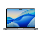 Laptop z wyświetlaczem Retina, na ekranie widoczna abstrakcyjna grafika w odcieniach błękitu i żółci. Obudowa urządzenia jest w kolorze błękitnym.