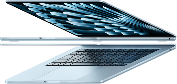 Laptop w kolorze błękitnym z widoczną klawiaturą i ekranem w pozycji półotwartej. Na ekranie widoczny jest wzór przypominający pióra w odcieniach niebieskiego.