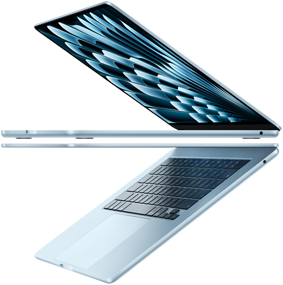 Laptop w kolorze błękitnym z otwartym ekranem i widoczną klawiaturą. Na ekranie widoczny jest abstrakcyjny wzór w odcieniach niebieskiego.