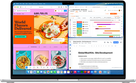 Laptop z otwartym ekranem, na którym widoczne są cztery aplikacje: przeglądarka z kolorową stroną internetową, arkusz kalkulacyjny, dokument tekstowy oraz aplikacja do zarządzania projektami. Na obudowie znajduje się logo APPLE.
