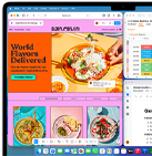 Ekran laptopa wyświetla kolorowe strony internetowe z grafikami potraw i tekstem \'World Flavors Delivered\'. Widoczne są także ikony aplikacji na dolnym pasku ekranu.
