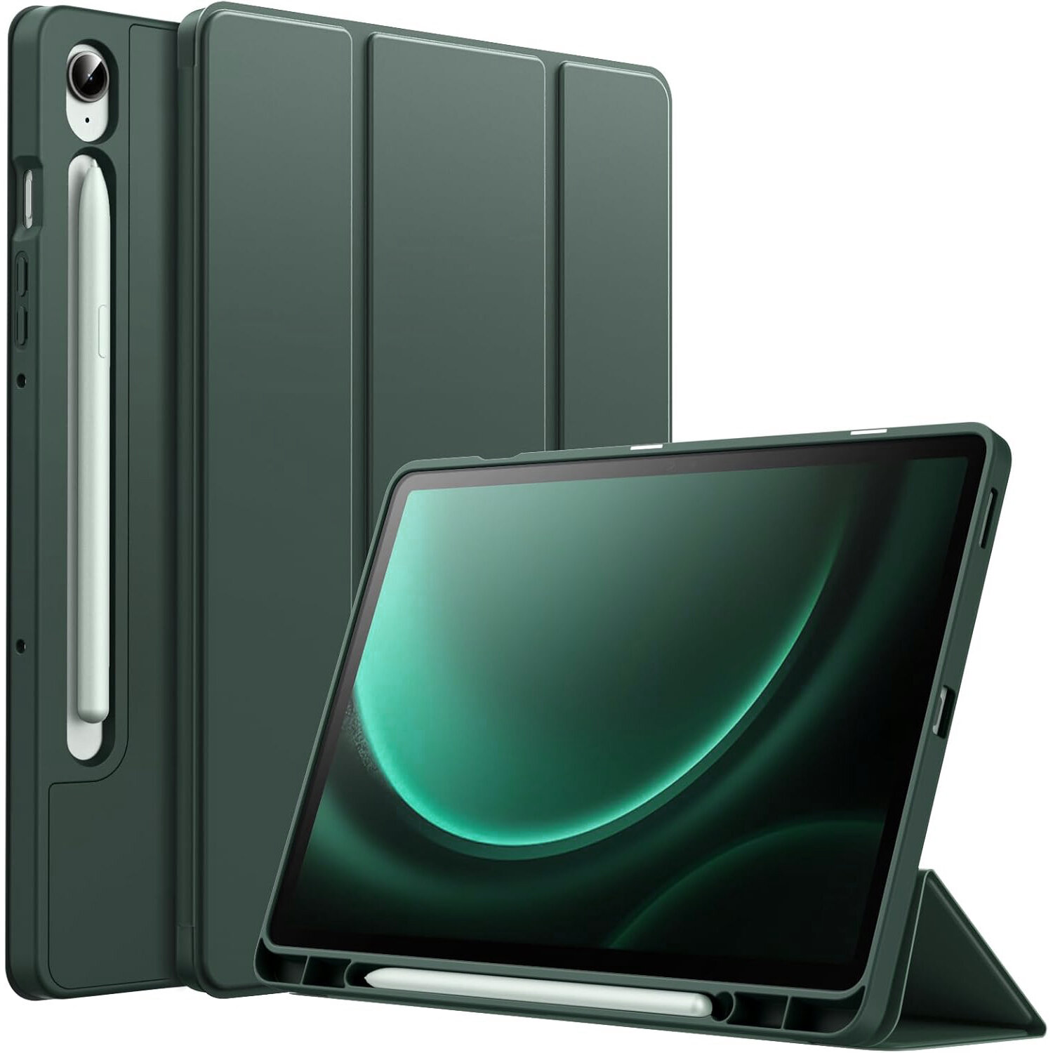 Obraz przedstawia zielone etui na tablet z funkcją stojaka, z miejscem na rysik. Tablet w etui wyświetla abstrakcyjny wzór w odcieniach zieleni.