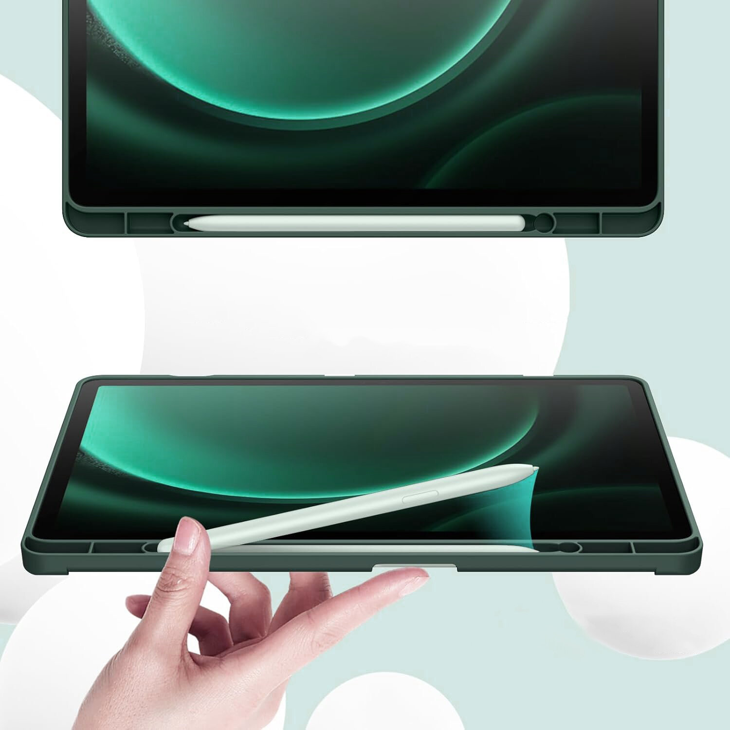 Obraz przedstawia tablet w etui z miejscem na rysik, który jest częściowo wysunięty. Tło jest jasne z okrągłymi, białymi kształtami.