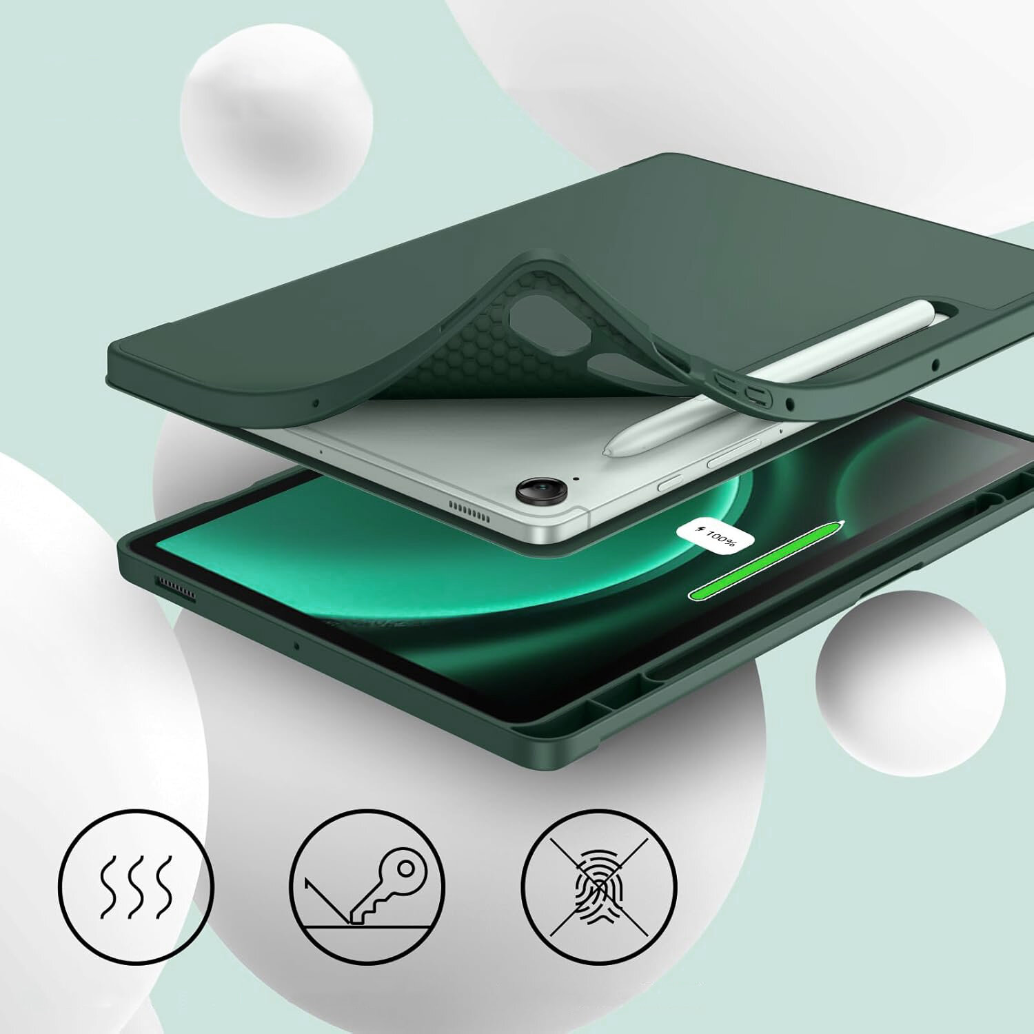 Obraz przedstawia zielone etui na tablet z miejscem na rysik, leżące na tle z białymi kulami. Na dole widoczne są trzy ikony: fala, klucz i odcisk palca, symbolizujące funkcje etui.