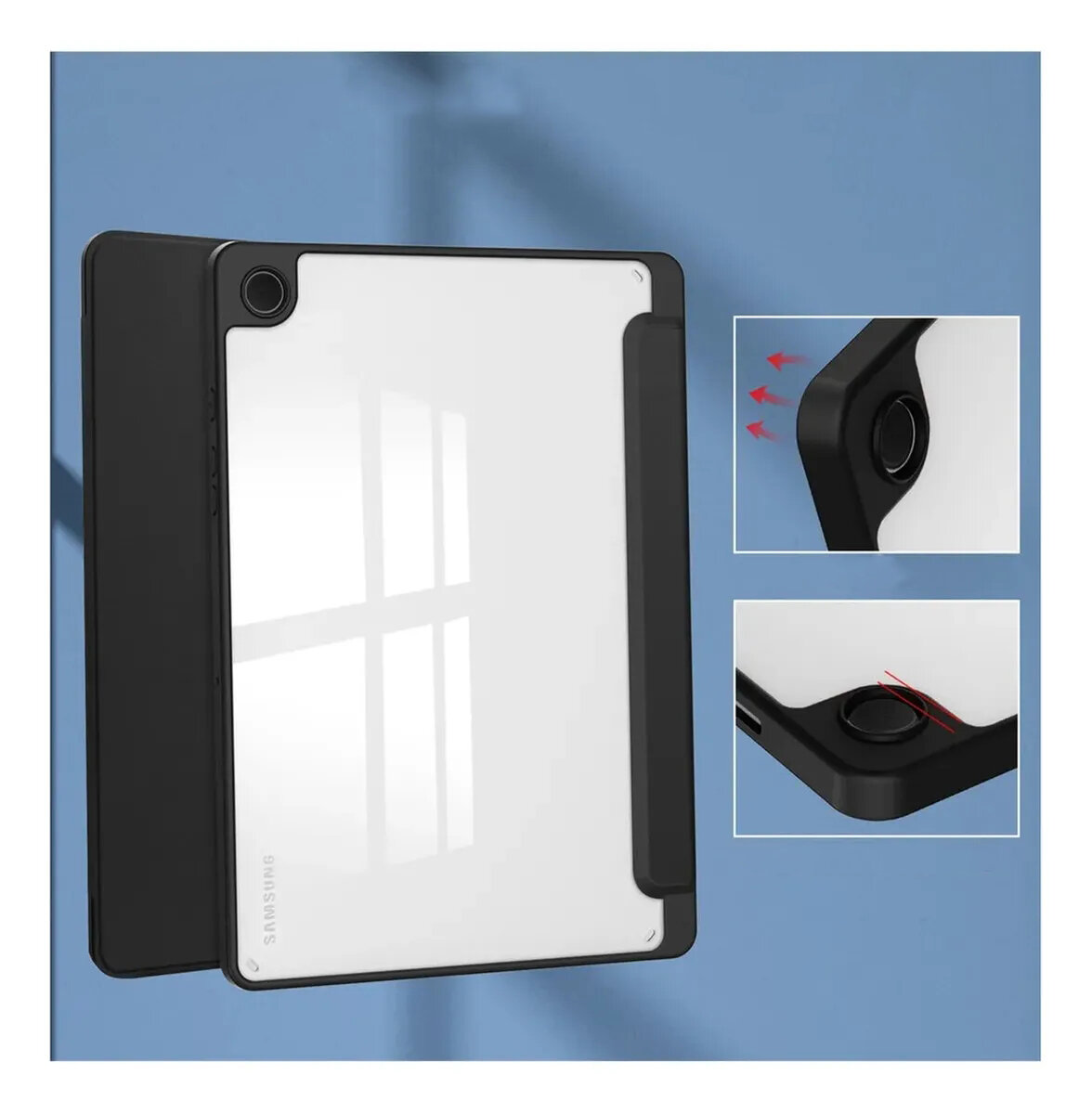 Obraz przedstawia czarne etui na tablet z miejscem na rysik, z widocznym logo \'SAMSUNG\'. Dodatkowe zbliżenia pokazują szczegóły konstrukcji etui, w tym przycisk i miejsce na rysik.