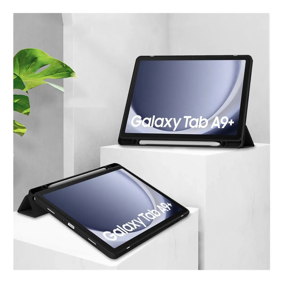 Na obrazie widoczne są dwa tablety w etui, ustawione na białych prostopadłościanach. Na ekranach tabletów widnieje napis \'Galaxy Tab A9+\'.