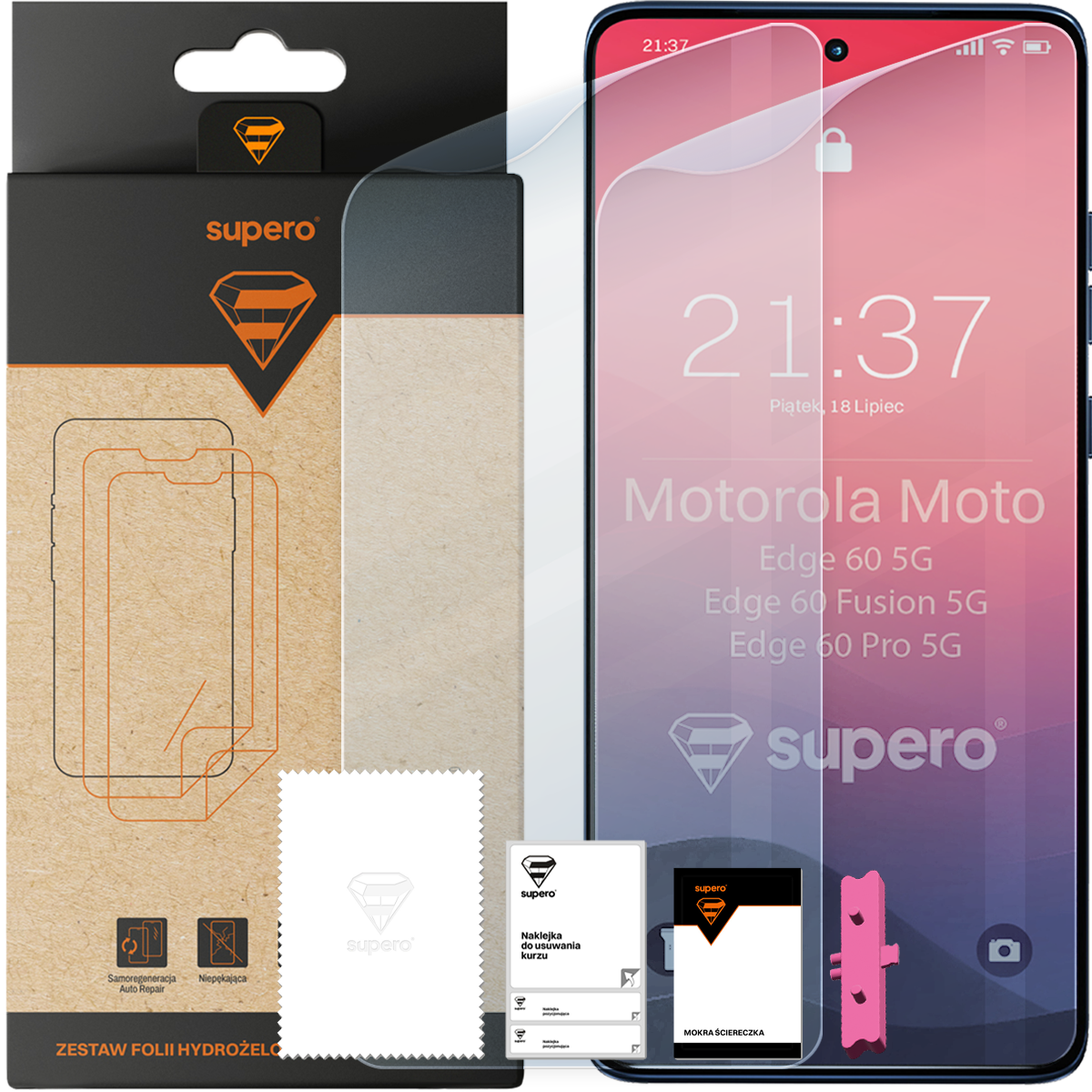 Zestaw folii hydrożelowej Supero do Motorola Moto Edge 60/ Fusion / Pro 5G zawiera opakowanie, ściereczkę, naklejkę do usuwania kurzu i mokrą ściereczkę. Na ekranie telefonu widoczny jest tekst: \'21:37 Piątek, 18 Lipiec Motorola Moto Edge 60 5G Edge 60 Fusion 5G Edge 60 Pro 5G supero\'.