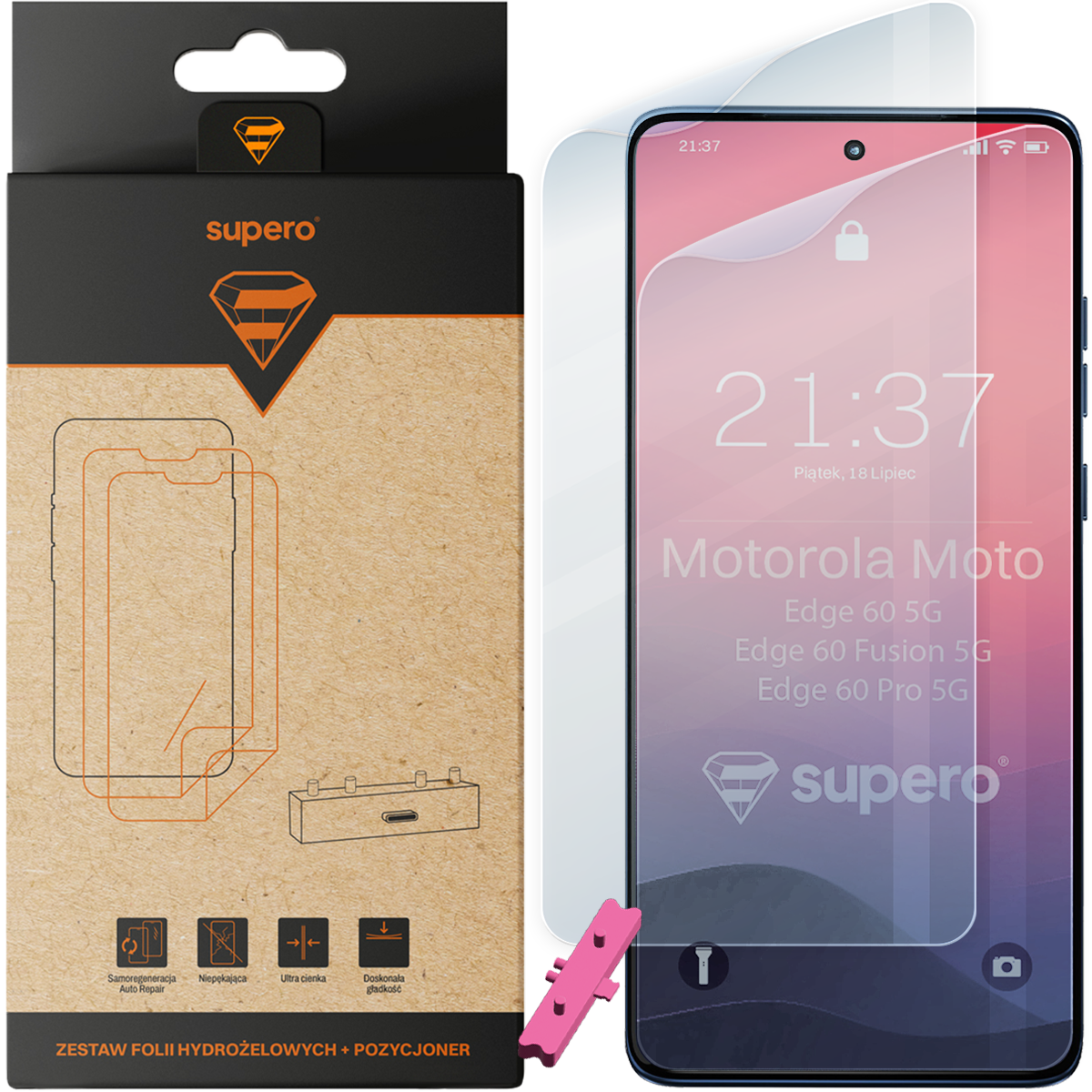Opakowanie z napisem \'supero\' zawiera zestaw folii hydrożelowych i pozycjoner, obok widoczny jest telefon z nałożoną folią ochronną. Na ekranie telefonu wyświetla się godzina 21:37 oraz tekst \'Motorola Moto Edge 60 5G, Edge 60 Fusion 5G, Edge 60 Pro 5G\'.