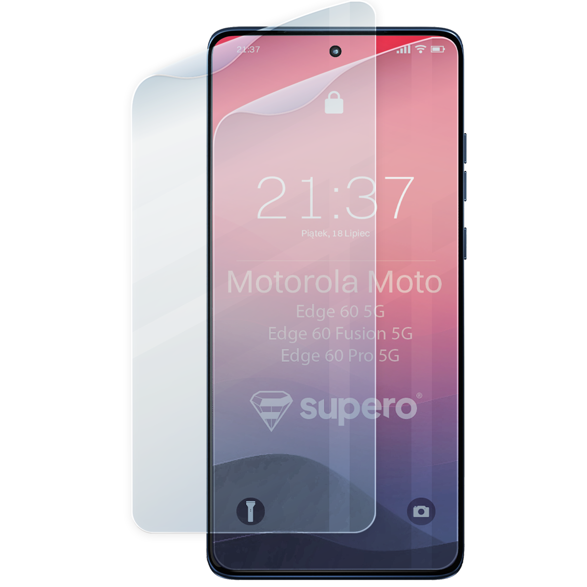 Na obrazie widoczny jest telefon z nałożoną folią hydrożelową na ekran. Na ekranie wyświetlony jest tekst: \'21:37 Piątek, 18 Lipiec Motorola Moto Edge 60 5G Edge 60 Fusion 5G Edge 60 Pro 5G\' oraz logo \'supero\'.