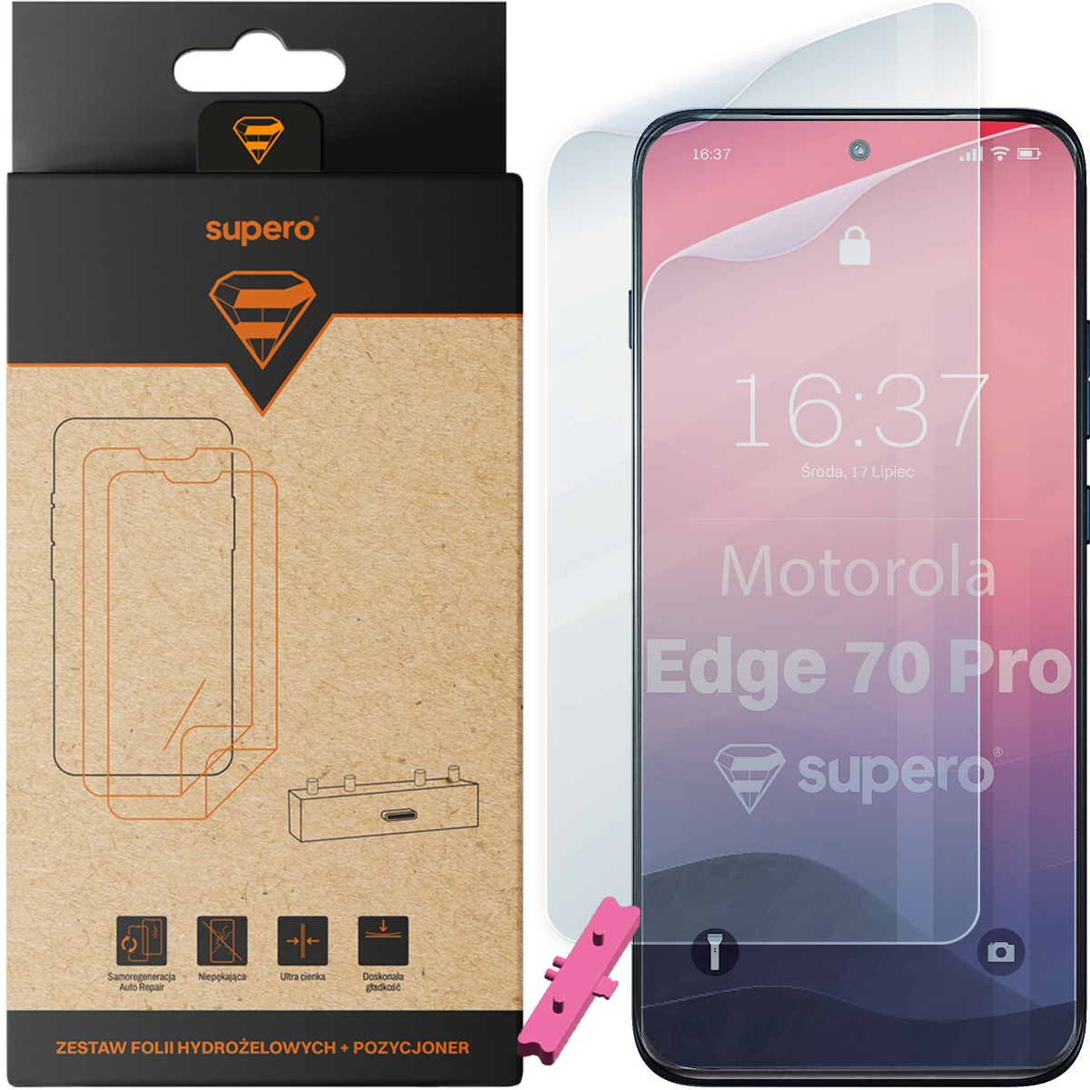 Opakowanie z napisem \'supero\' zawiera zestaw folii hydrożelowych i pozycjoner. Obok znajduje się telefon z nałożoną folią, na ekranie widoczny jest napis \'Motorola Edge 70 Pro\'.